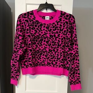Hot Pink and Black Crew Neck Leopard Sweater